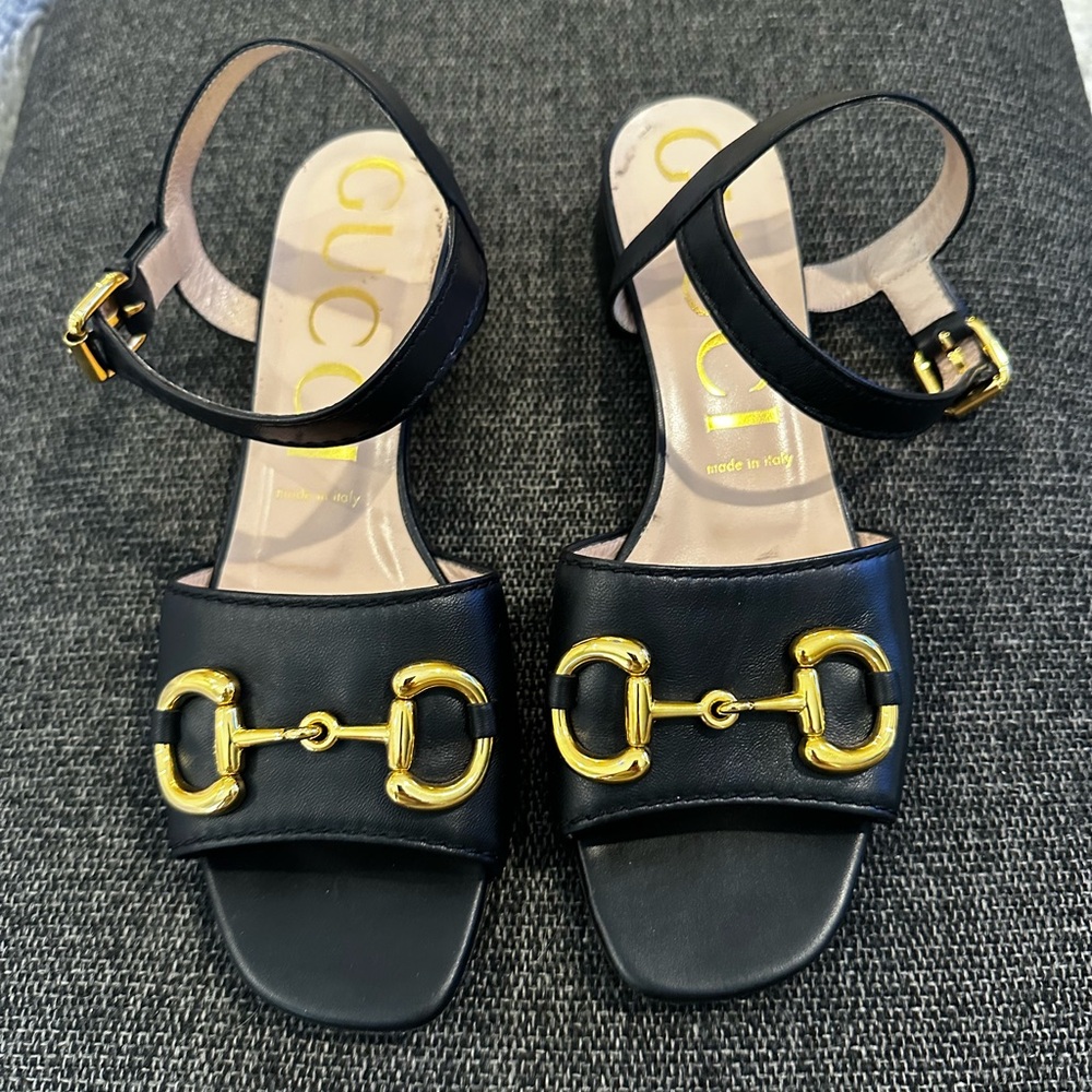 Gucci Women's Horsebit Leather Sandals in Black with Gold Accents